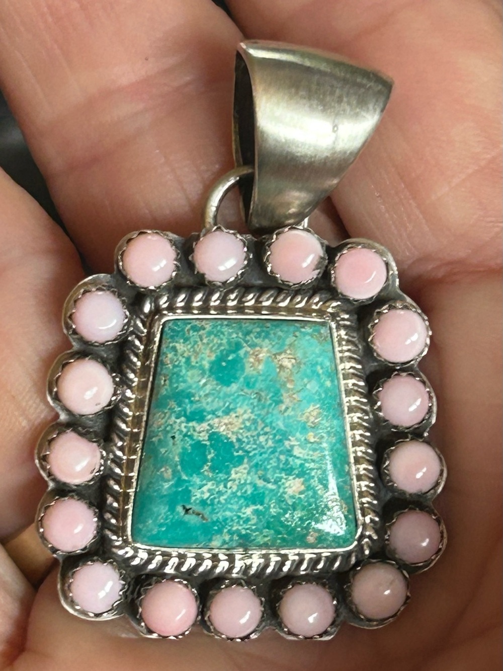 Native Royston Turquoise and Pink Conch Cluster Pendant.Signed S